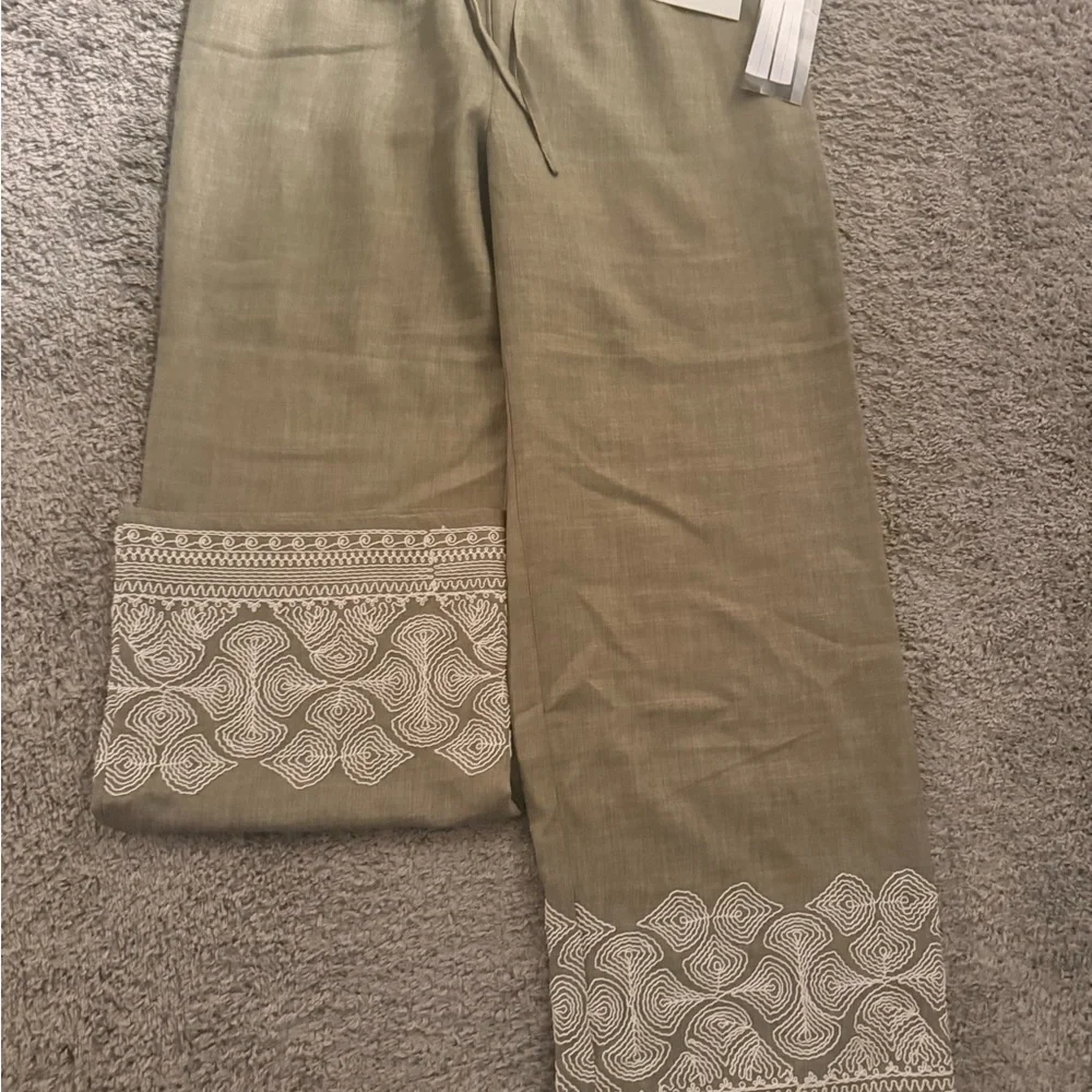 WREN Olive Green Wide-Leg Pants with Embroidered Hem - Picture 3 of 5